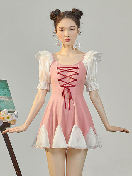 Sweet Lolita Outfits Pink Lace Up Ruffles Short Sleeves Jumpsuit