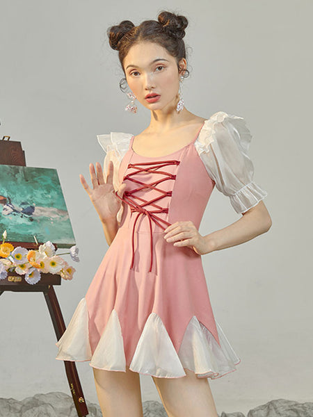Sweet Lolita Outfits Pink Lace Up Ruffles Short Sleeves Jumpsuit