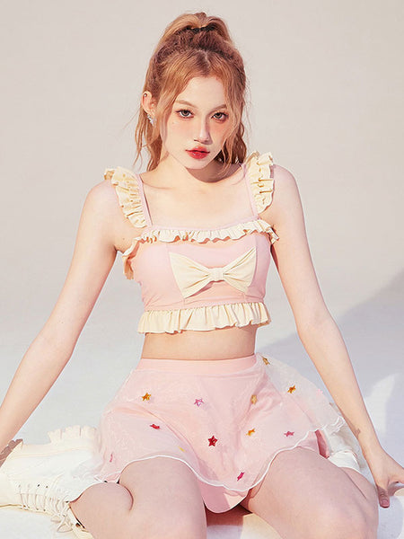 Sweet Lolita Outfits Pink Ruffles Bows Sleeveless Outfits