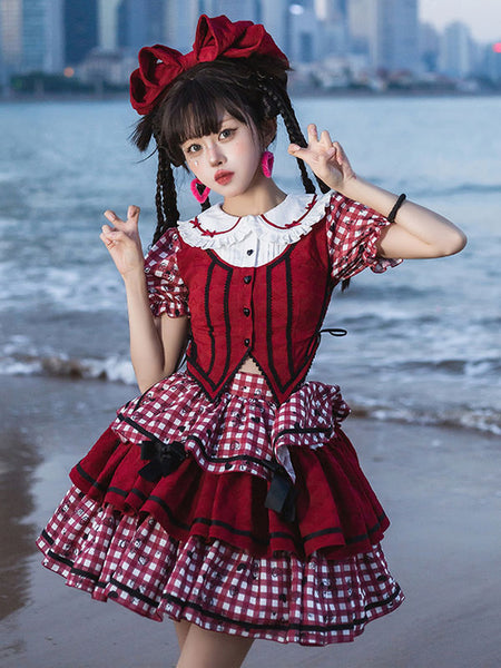 Sweet Lolita Outfits Red Plaid Bows Ruffles Short Sleeves Top Skirt