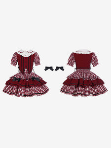 Sweet Lolita Outfits Red Plaid Bows Ruffles Short Sleeves Top Skirt