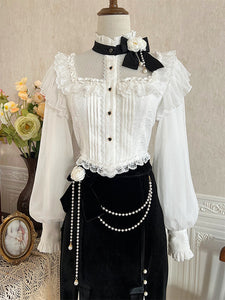 Sweet Lolita Outfits White Flowers Pearls Ruffles Lace Long Sleeves Blouse Skirt