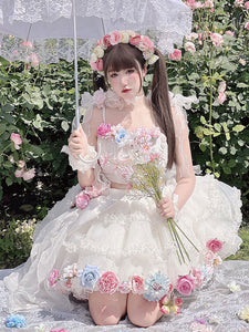 Sweet Lolita Outfits White Flowers Ruffles Sleeveless Top Skirt