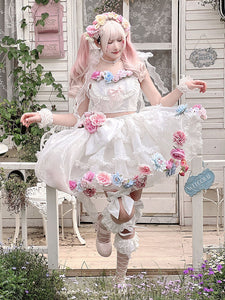 Sweet Lolita Outfits White Flowers Ruffles Sleeveless Top Skirt