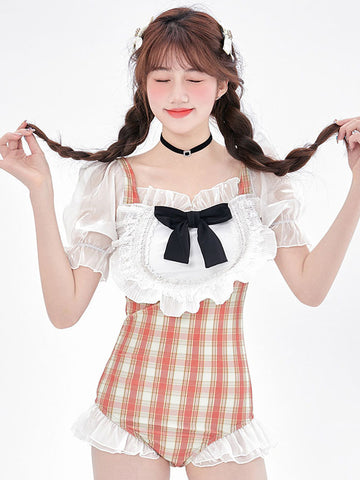 Sweet Lolita Outfits White Ruffles Bows Plaid Short Sleeves Jumpsuit