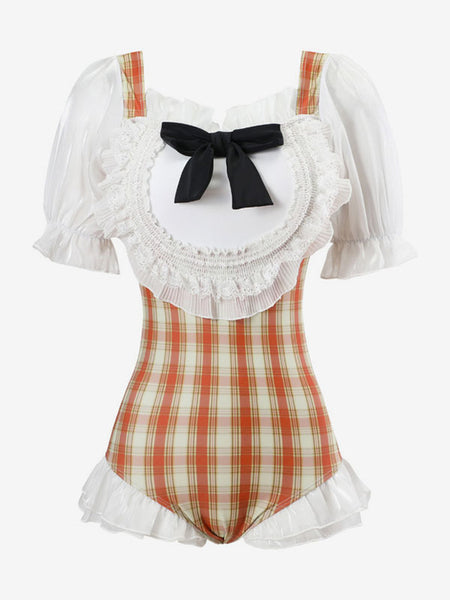 Sweet Lolita Outfits White Ruffles Bows Plaid Short Sleeves Jumpsuit