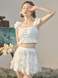 Sweet Lolita Outfits White Ruffles Lace Up Sleeveless Pants Top
