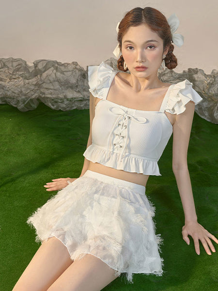 Sweet Lolita Outfits White Ruffles Lace Up Sleeveless Pants Top