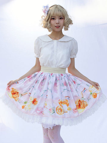 Sweet Lolita SK Angel Beats Ruffles Light Pink Floral Print Lolita Skirts