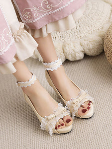Sweet Lolita Sandals Black Bows Ruffles PU Leather Peep Toe Lolita Summer Shoes