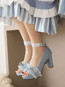 Sweet Lolita Sandals Black Bows Ruffles PU Leather Peep Toe Lolita Summer Shoes