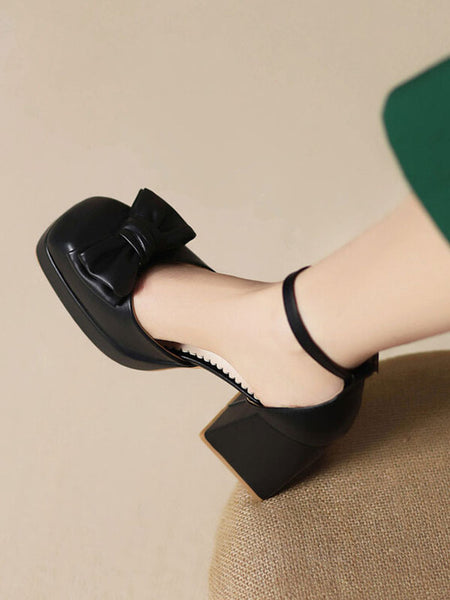 Sweet Lolita Sandals Bows Round Toe PU Leather Black Lolita Summer Shoes