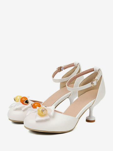 Sweet Lolita Sandals Bows Round Toe PU Leather Ecru White Lolita Summer Shoes