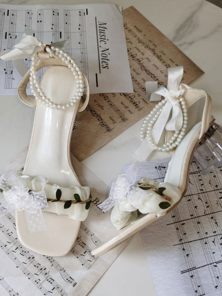 Sweet Lolita Sandals Bows Lace Pearls Round Toe PU Leather White Lolita Summer Shoes