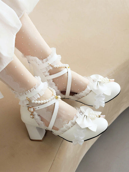 Sweet Lolita Sandals Bows Pearls Ruffles Round Toe PU Leather White Lolita Summer Shoes