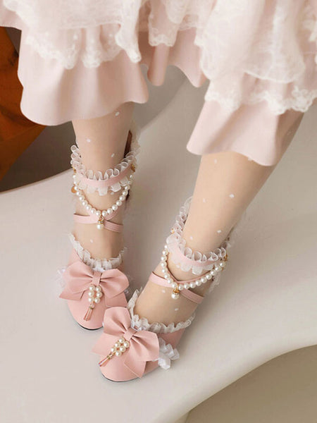 Sweet Lolita Sandals Bows Pearls Ruffles Round Toe PU Leather White Lolita Summer Shoes