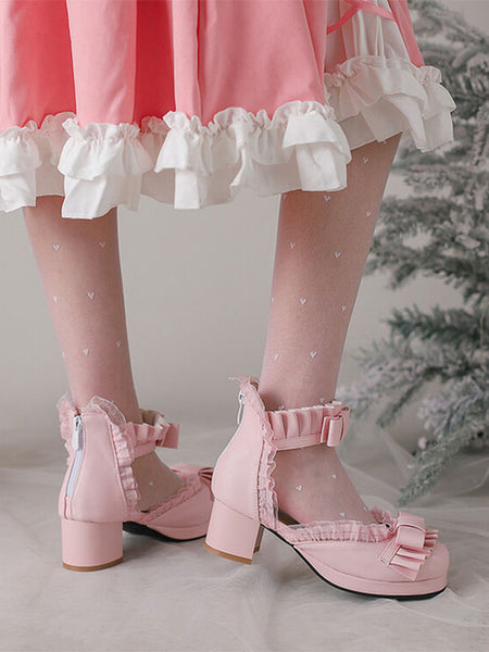 Sweet Lolita Sandals Bows Ruffles Round Toe PU Leather White Lolita Summer Shoes