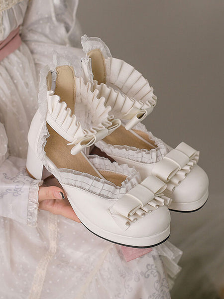 Sweet Lolita Sandals Bows Ruffles Round Toe PU Leather White Lolita Summer Shoes