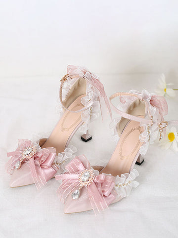 Sweet Lolita Sandals Bows Ruffles Rhinestones Pointed Toe Bow Elastic Fabric Pink Lolita Summer Shoes