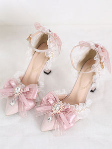 Sweet Lolita Sandals Bows Ruffles Rhinestones Pointed Toe Bow Elastic Fabric Pink Lolita Summer Shoes
