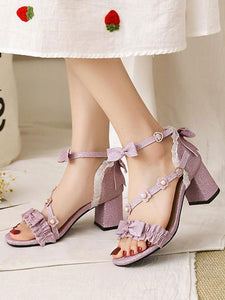 Sweet Lolita Sandals Flowers Bows Square Toe PU Leather Purple Lolita Summer Shoes