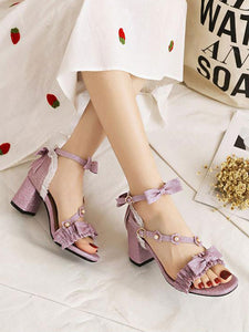 Sweet Lolita Sandals Flowers Bows Square Toe PU Leather Purple Lolita Summer Shoes