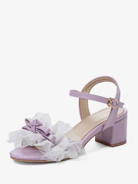 Sweet Lolita Sandals Ruffles Bows Round Toe PU Leather Purple Lolita Summer Shoes