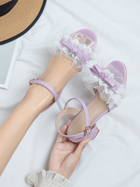 Sweet Lolita Sandals Ruffles Bows Round Toe PU Leather Purple Lolita Summer Shoes