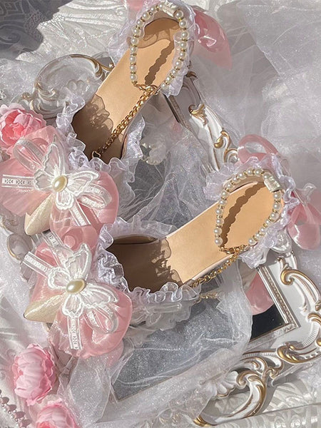Sweet Lolita Sandals Ruffles Bows Pearls Pointed Toe Elastic Fabric Purple Lolita Summer Shoes