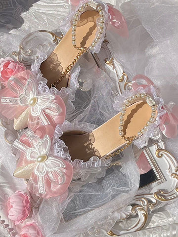 Sweet Lolita Sandals Ruffles Bows Pearls Pointed Toe Elastic Fabric Purple Lolita Summer Shoes