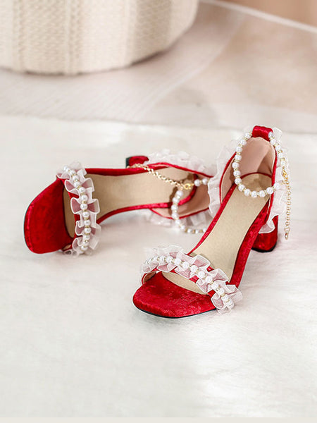Sweet Lolita Sandals Ruffles Pearls Square Toe Nubuck Gray Lolita Summer Shoes