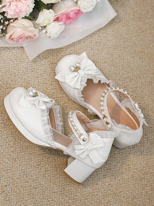 Sweet Lolita Sandals Ruffles Pearls Bows Round Toe PU Leather Pink Lolita Summer Shoes