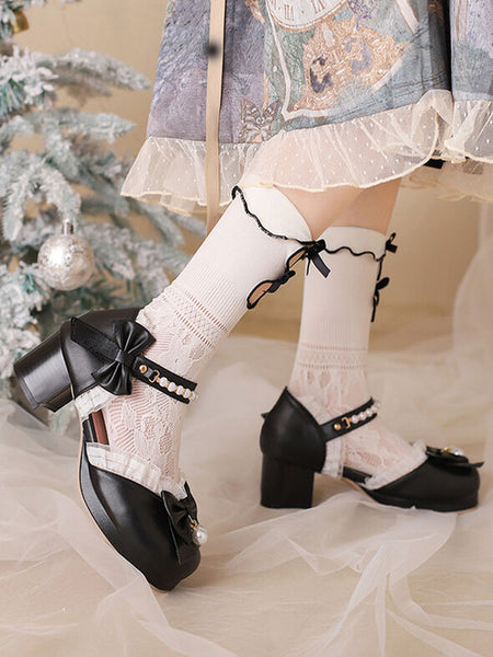 Sweet Lolita Sandals Ruffles Pearls Bows Round Toe PU Leather Pink Lolita Summer Shoes