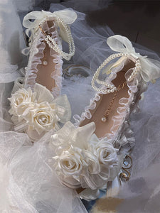 Sweet Lolita Sandals Ruffles Pearls Flowers Square Toe Elastic Fabric Ecru White Lolita Summer Shoes