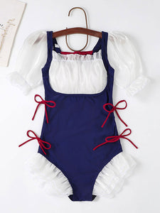 Sweet Lolita Swimsuit Blue Ruffles Bows Short Sleeves Jumpsuit