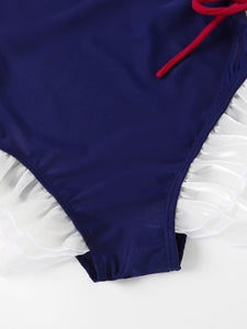 Sweet Lolita Swimsuit Blue Ruffles Bows Short Sleeves Jumpsuit