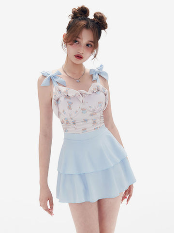 Sweet Lolita Swimsuit Light Sky Blue Ruffles Floral Print Sleeveless Skirt Jumpsuit