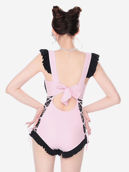 Sweet Lolita Swimsuit Pink Lace Bows Ruffles Sleeveless Jumpsuit