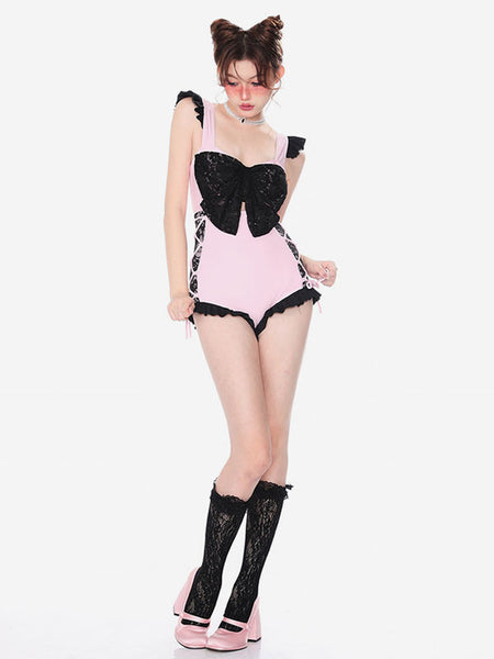 Sweet Lolita Swimsuit Pink Lace Bows Ruffles Sleeveless Jumpsuit