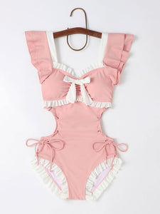Sweet Lolita Swimsuit Pink Ruffles Bows Lace Up Sleeveless Jumpsuit