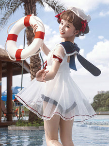 Sweet Lolita Swimsuit White Bows Short Sleeves Jumpsuit