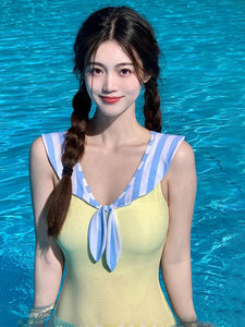 Sweet Lolita Swimsuits Beige Bows Stripes Sleeveless One Piece