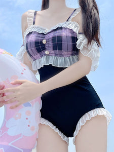 Sweet Lolita Swimsuits Black Ruffles Plaid Sleeveless One Piece
