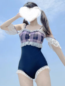 Sweet Lolita Swimsuits Black Ruffles Plaid Sleeveless One Piece
