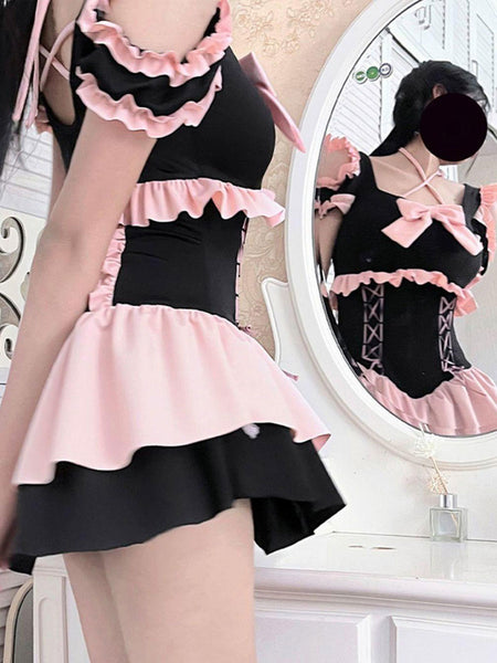 Sweet Lolita Swimsuits Black Ruffles Lace Up Bows Short Sleeves One Piece