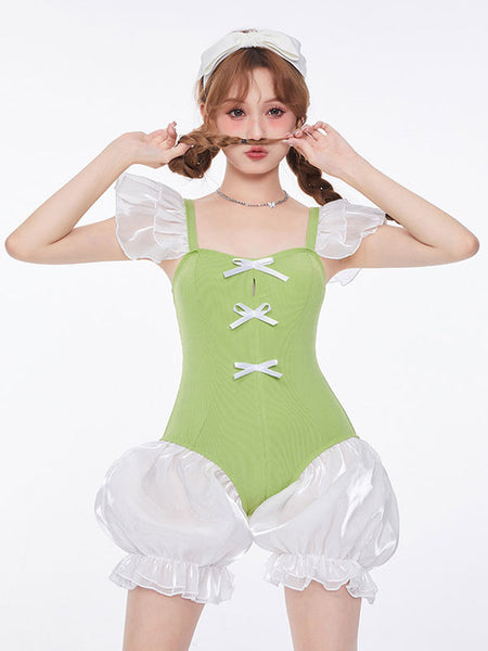 Sweet Lolita Swimsuits Green Bows Ruffles Sleeveless One Piece