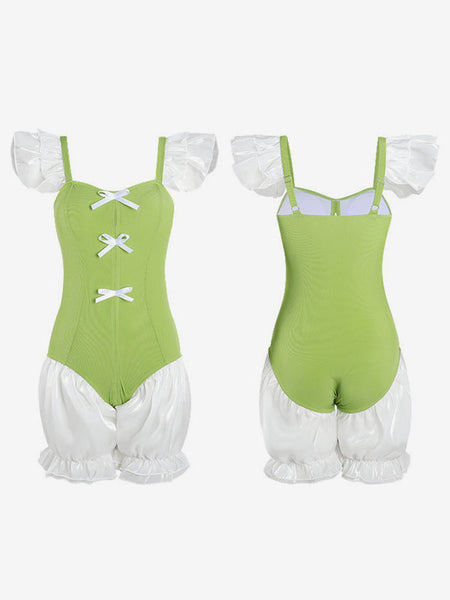 Sweet Lolita Swimsuits Green Bows Ruffles Sleeveless One Piece