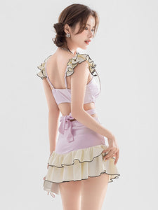 Sweet Lolita Swimsuits Lavender Ruffles Bows Sleeveless Skirt Top