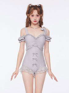 Sweet Lolita Swimsuits Light Gray Bows Ruffles Sleeveless One Piece