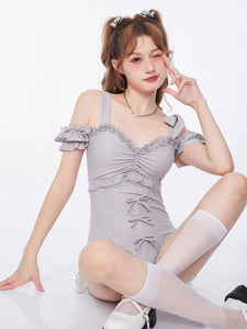 Sweet Lolita Swimsuits Light Gray Bows Ruffles Sleeveless One Piece